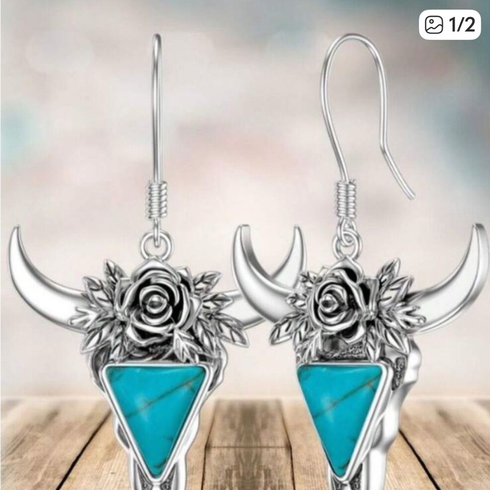 Western Bull Skull Earrings with Turquoise Inlay Silver Hook